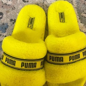 Neon Yellow Puma fuzzy slides
